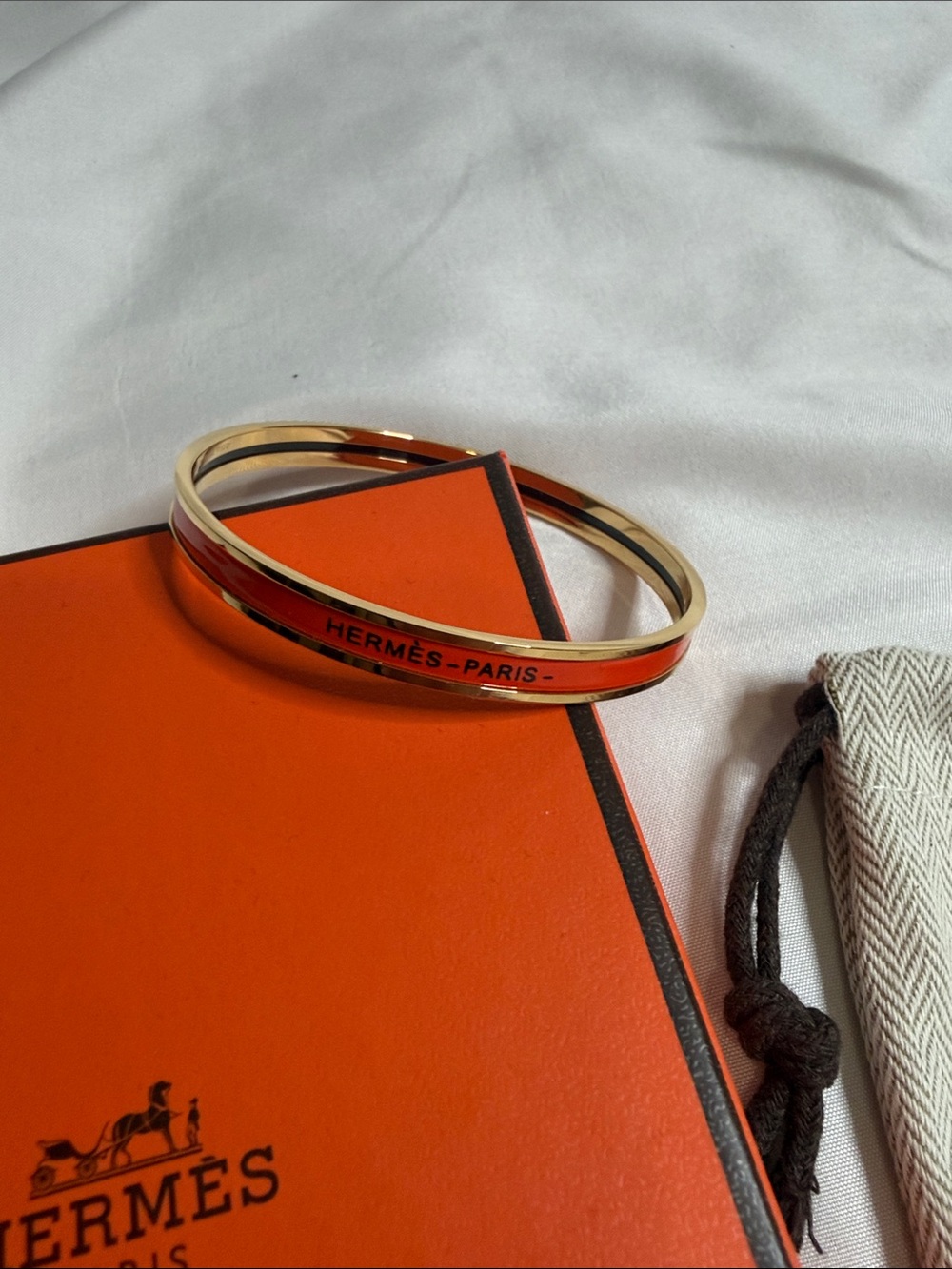 Hermès Orange and Gold Slim Enamel Bangle